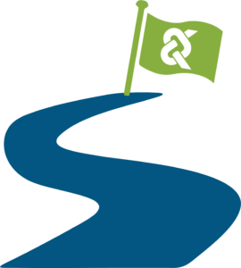 Lijntekening blauwe weg naar groene vlag met Knoop logo aanwezig
